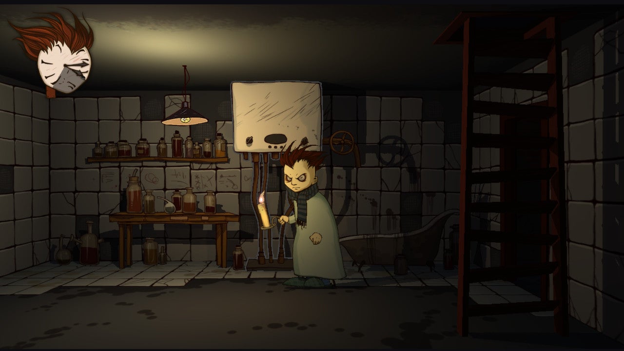The protagonist of Knock-Knock, a pale-faced boy with a widow's peak in his hair, holding a candle and standing in a room with tiled walls, full of bottles